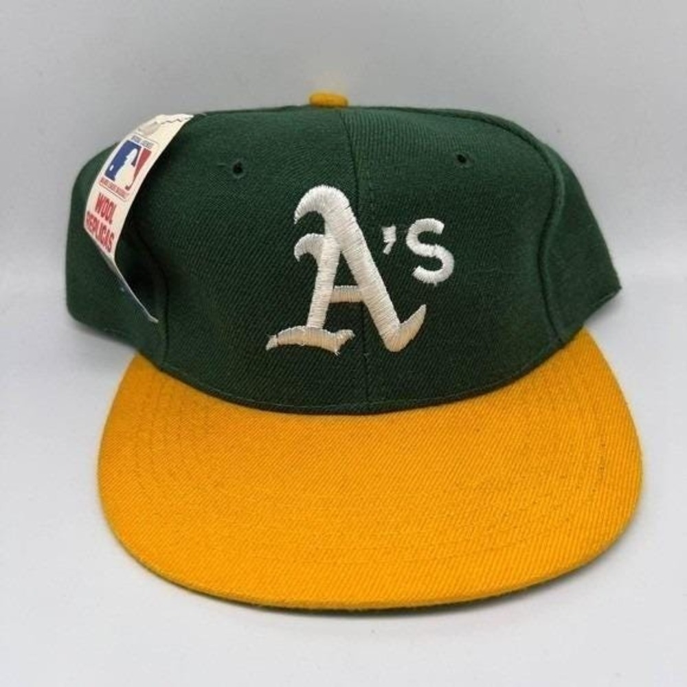 Vintage Oakland Athletics Hat Youth Green Yellow MLB Snap Back Cap Wool New